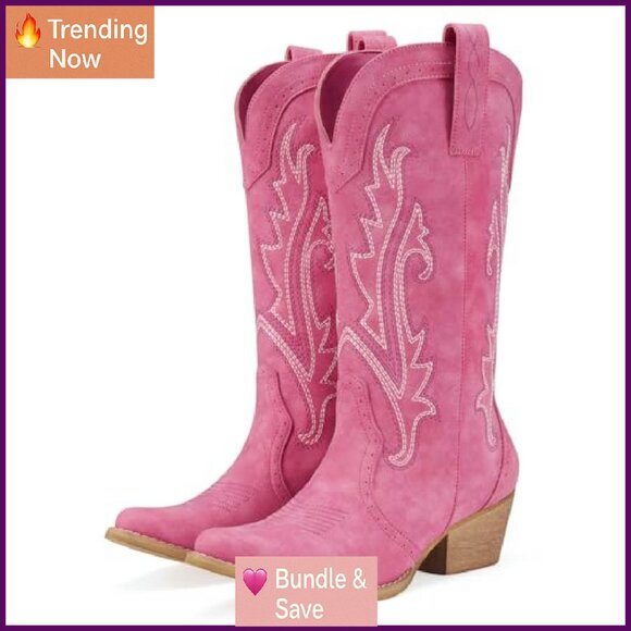 Women's Cowboy Boots Pointed Toe 2" Heel Synthetic Leather Comfort - Picture 2 of 8